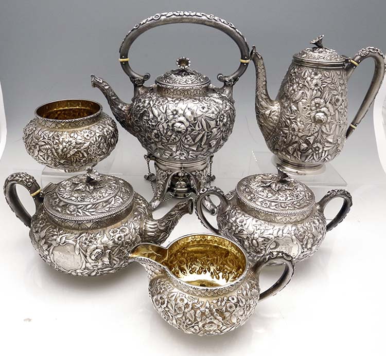 Peter Krider for J Caldwell Philadelphia hand chased repousse tea set with kettle on stand