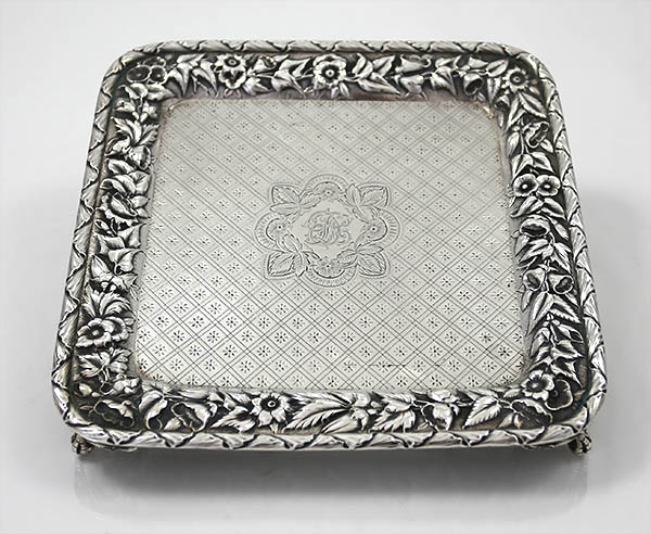 Krider antique footed sterling silver salver with diapered engraving