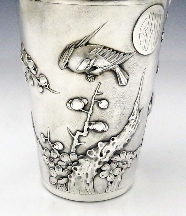 detail of Chinese antique silver cocktail shaker