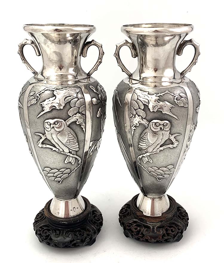 Chinese silver pair of vases with owls and birds