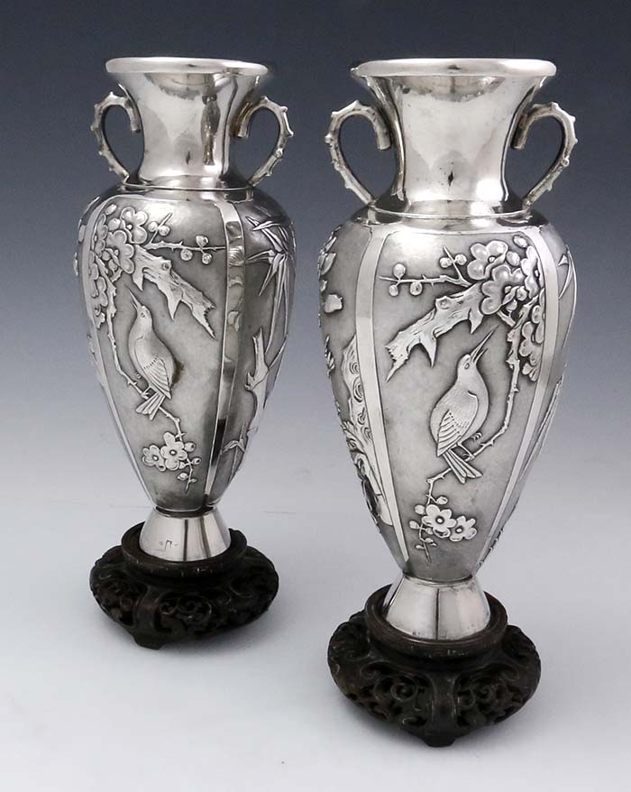 pair of antique silver Chinese vases birds chased