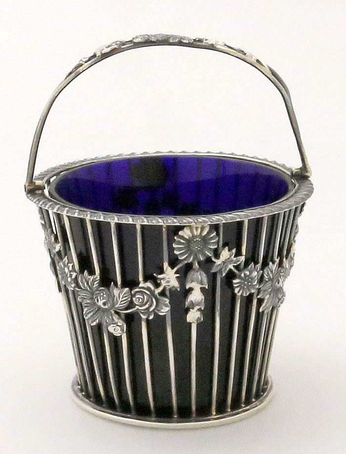 English silver and cobalt sugar basket by CJH vander
