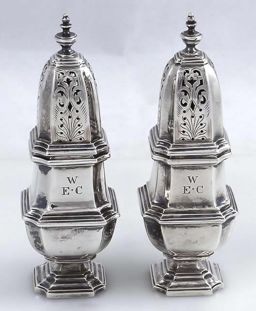 English Britannia silver salt and pepper set by crichton Bros