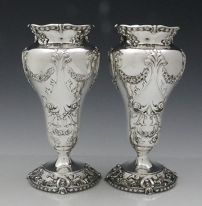 pair of ornate antique sterling silver vases by Dominick & Haff New York