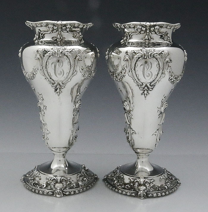 pair of antique sterling silver American vases Dominick & Haff