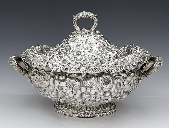 fine hand  chased foral repousse tureen by Dominick & Haff New York