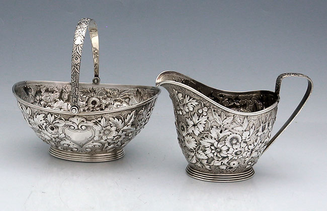 Dominick & Haff antique sterling hand chased sugar and creamer