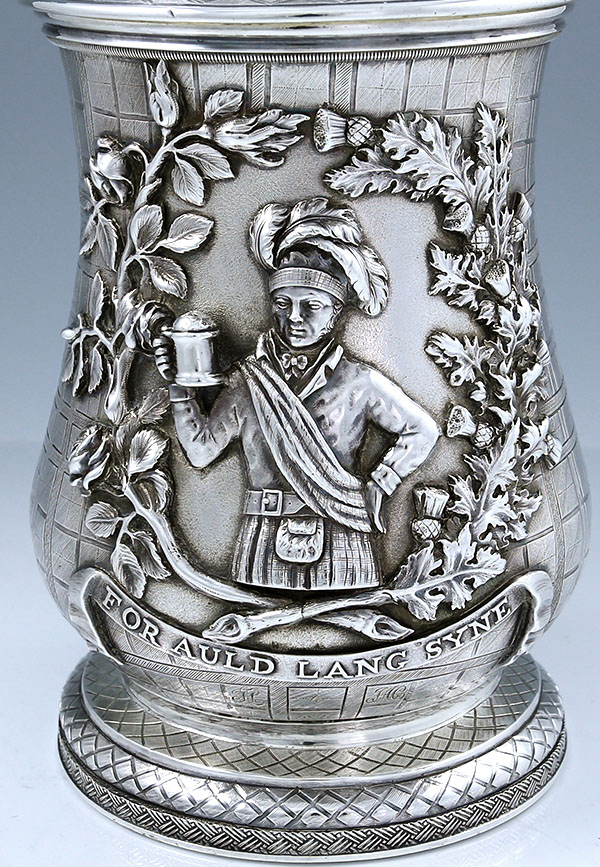 English silver tankard with boar's head and Scottish theme