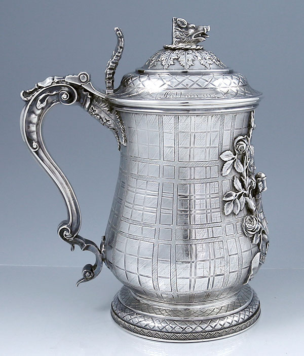 English silver tankard with boar's head and Scottish theme