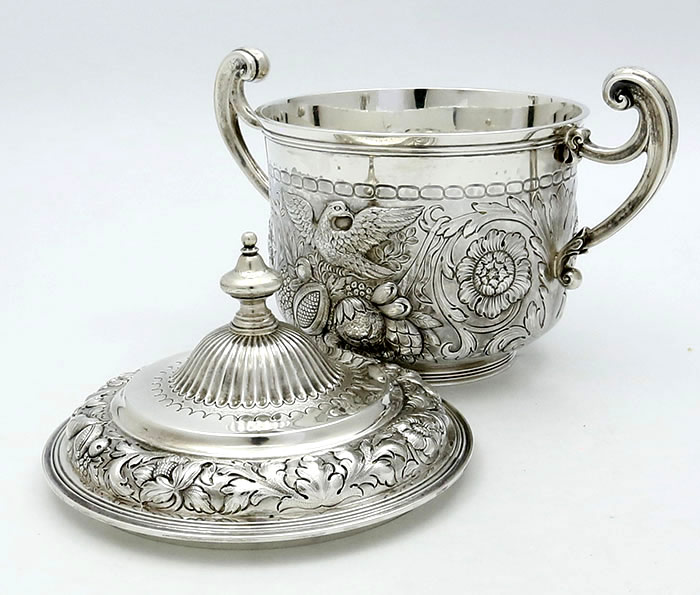 English silver covered bowl with handles