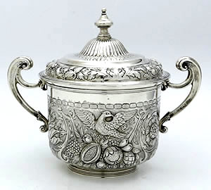 English antique silver covered bowl with handles chased with birds London 1915 Daniel and John Willby