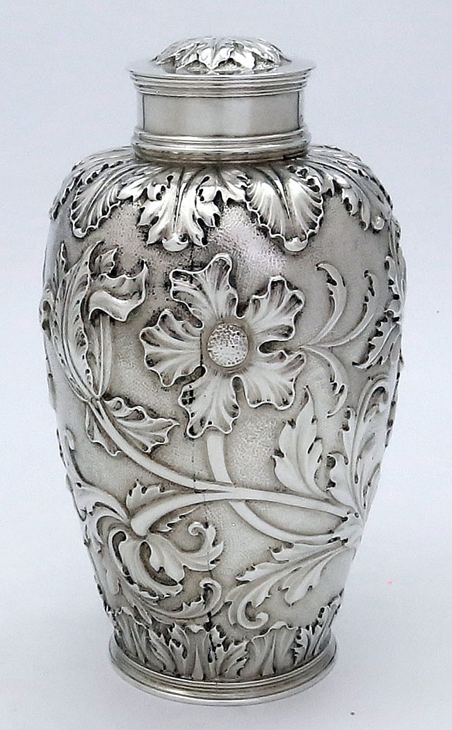 English antique silver jar chased floral London 1913 Willima Hutton & Sons Ltd