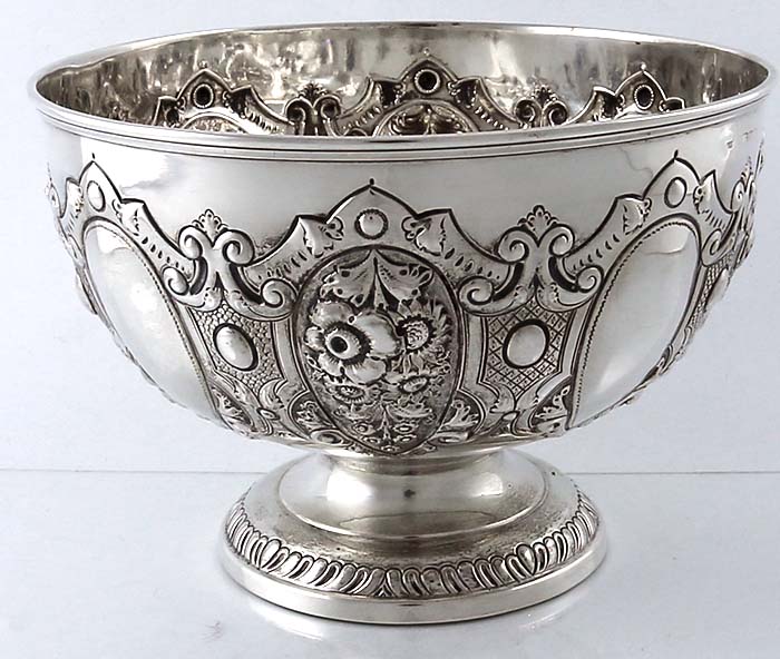English antique sterling silver fruit bowl hand chased