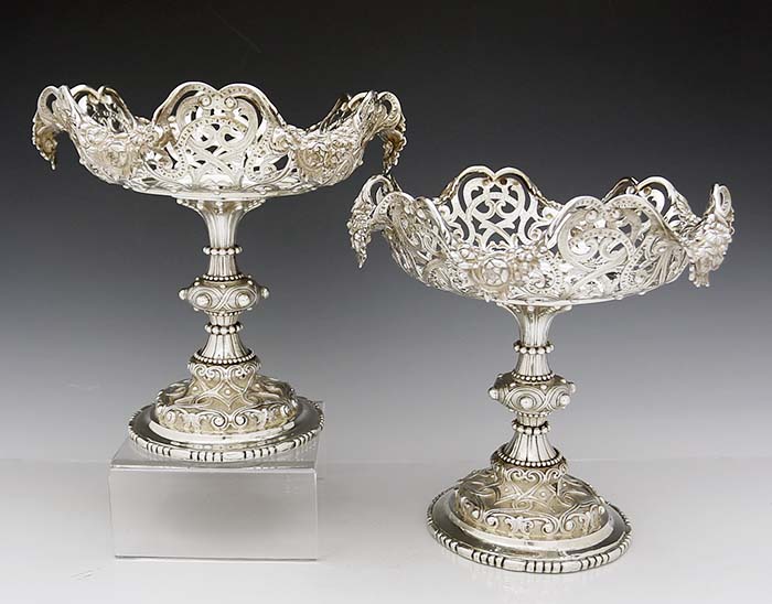 pair of antique sterling silver pierced compotes by Charles and George Fox London 1852