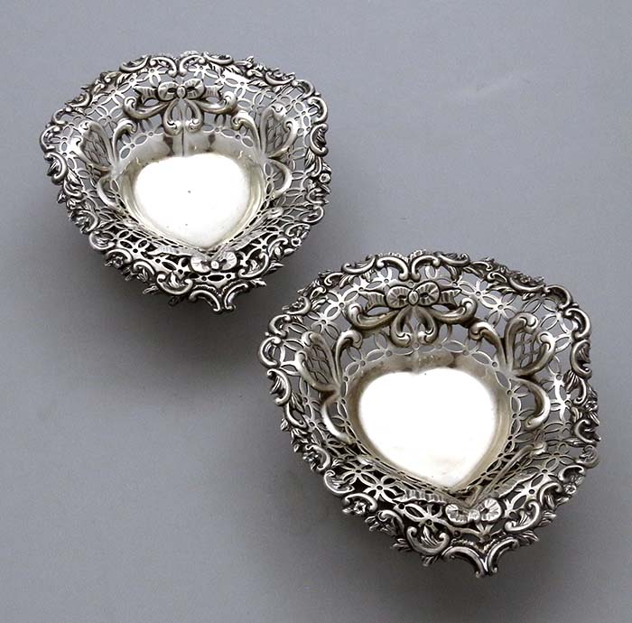 Pair of pierced hear shaped dishes London 1890 antique sterling silver