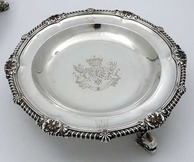 Pair of English antique silver footed plates crested by Richard Carter Daniel Smith and Robert Sharp London 1779