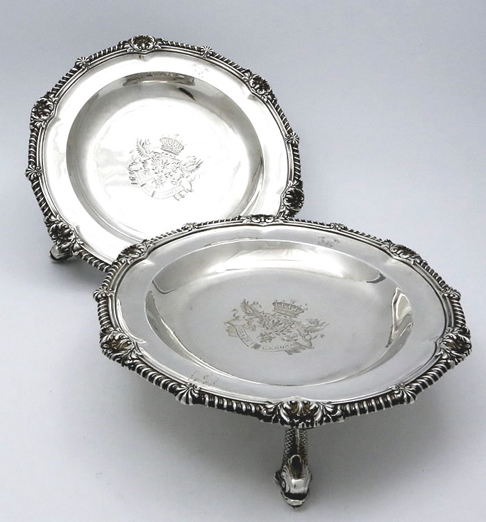 Pair of English antique silver footed plates crested by Richard Carter Daniel Smith and Robert Sharp London 1779