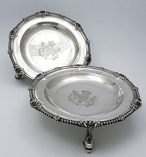 pair of English antique silver footed dishes engraved with Scottish crests