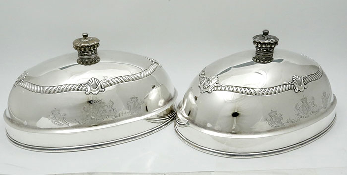 pair of R & S Garrard antique silver English dome shaped covers with coronet finials