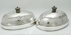 Pair of English antique silver dome covers crests with cast coronet finial
