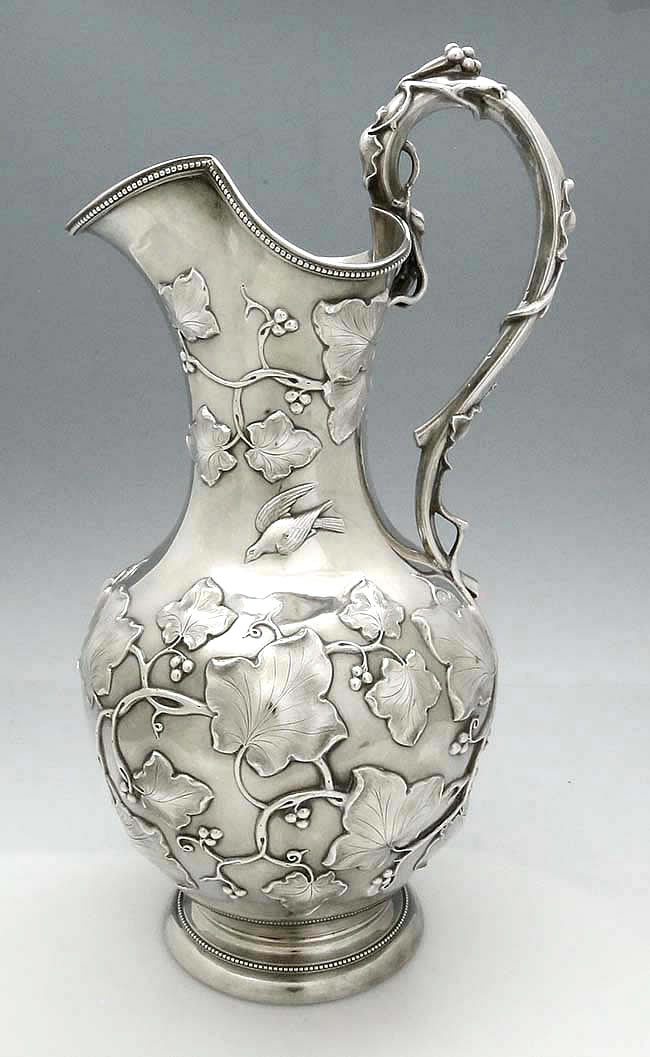 Eoff and Sheppard antique  coin silver pitcher with vines and birds