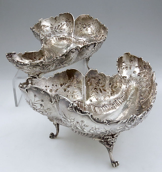 Pair of French silver kidney shaped footed sweetmeat dishes