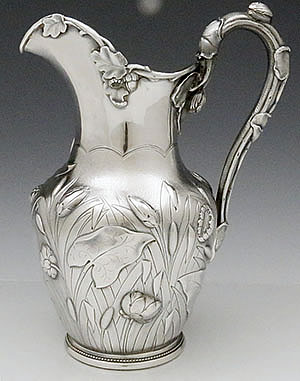 Gale & Willis sterling antique silver pitcher with water lilies and cattails circa 1859