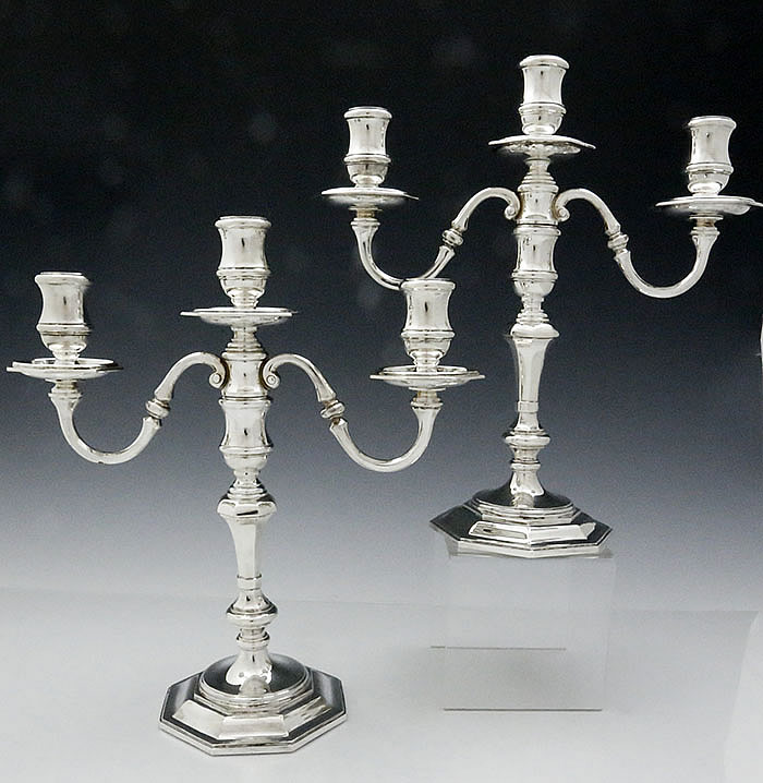 pair of English sterling silver candelabra by Garrards London 1972