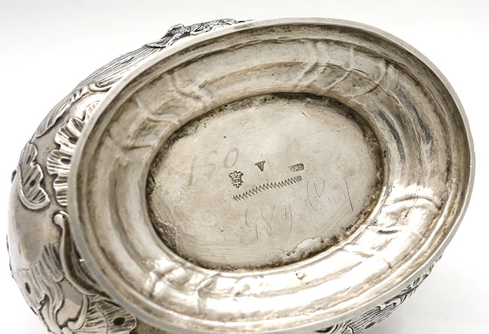 Konigsberg antique silver oval sugar box with applied sheel and chased pastotal scene circa 1800