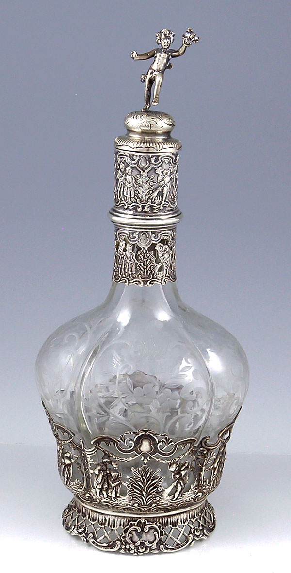 German glass and silver carafe figural and scenic