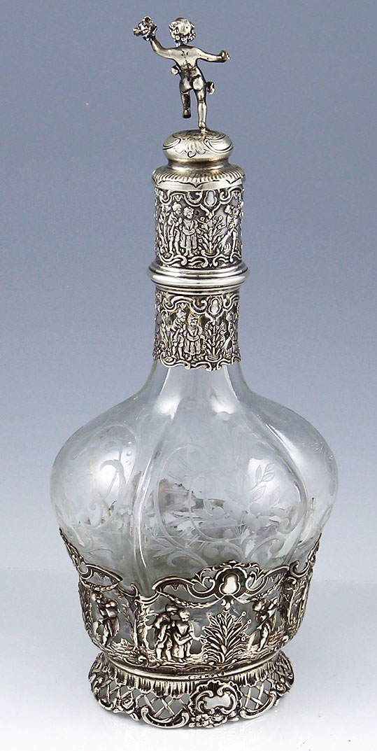 German glass and silver carafe figural and scenic