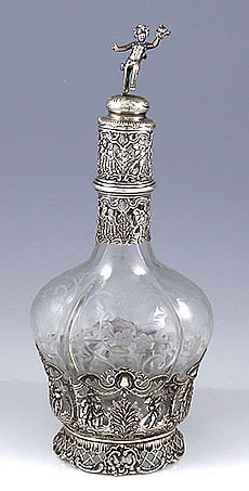 German figural and scenic silver and glass carafe