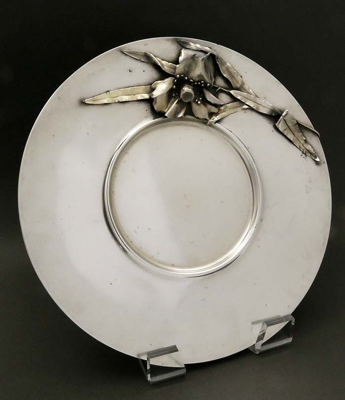 Gorham sterling plate with applied three dimensional flower and leaves