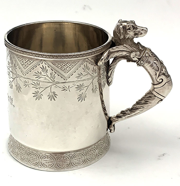 Gorham antique sterling silver cup with cast dog handle
