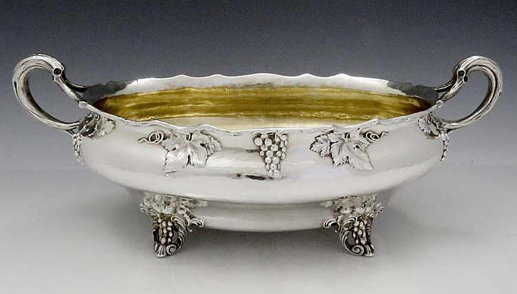 Gorham antique sterling silver bowl with handles applied with grape leaves and grapes