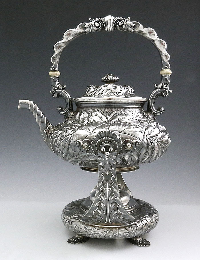 Gorham sterling kettle on stand floral chasing circa 1891