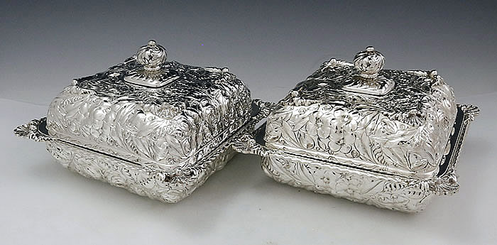 pair of Gorham hand chased roses covered dishes square