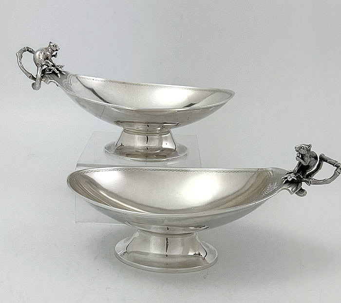 pair of Gorham antique sterling  1869 oval dishes with cast applied squirrels