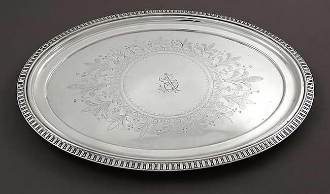 oval Gorham antique coin silver salver with engraved decoration retailed by George Webb and Co