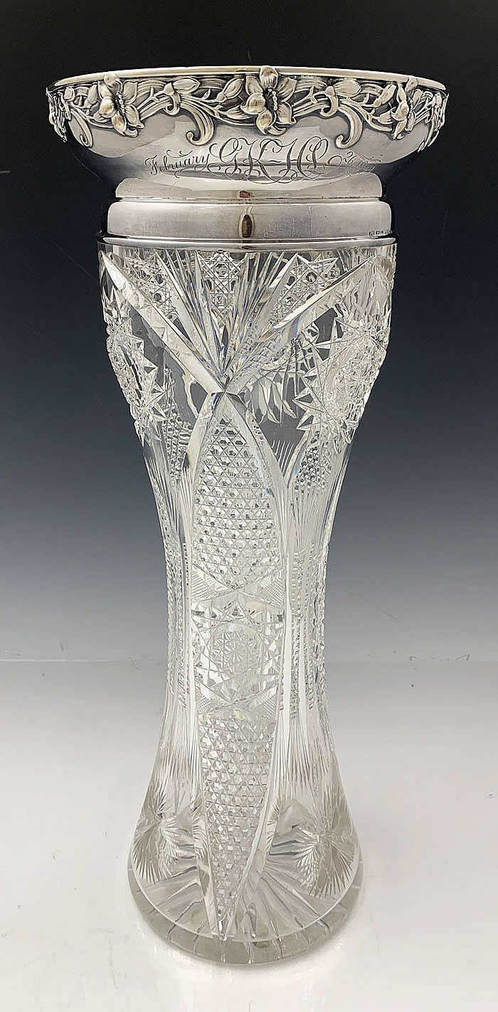 Gotham tall sterling and cut glass vase