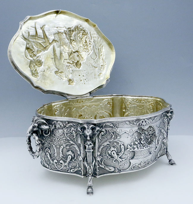 George Roth silver German antique box ornate chased rams heads and hoof feet