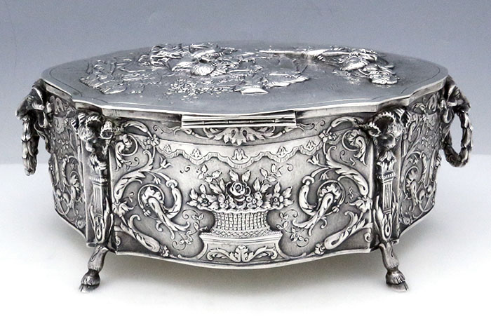 George Roth silver German antique box ornate chased rams heads and hoof feet