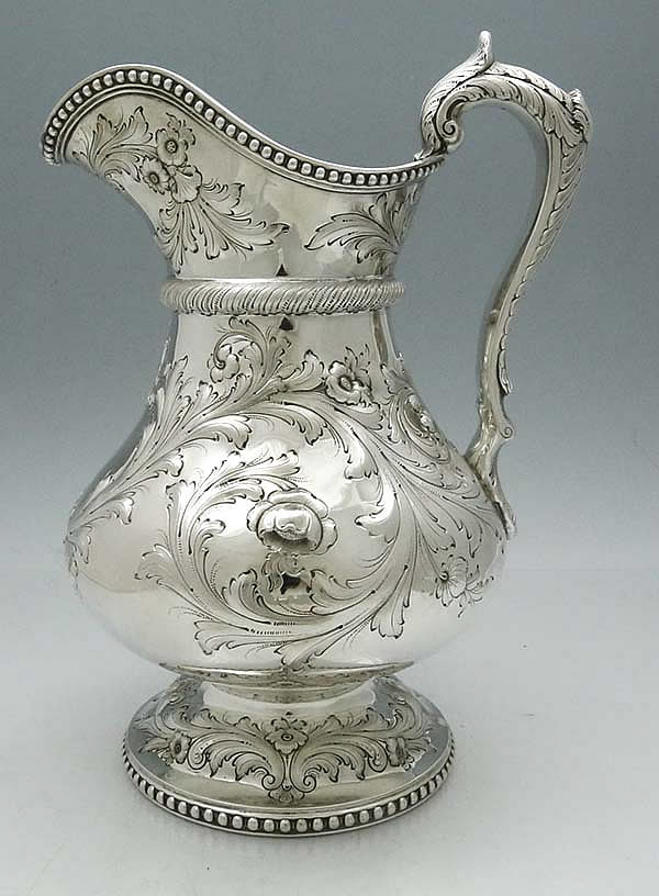 George Sharp silver pitcher for Bailey & Co Philadephia floral chasing