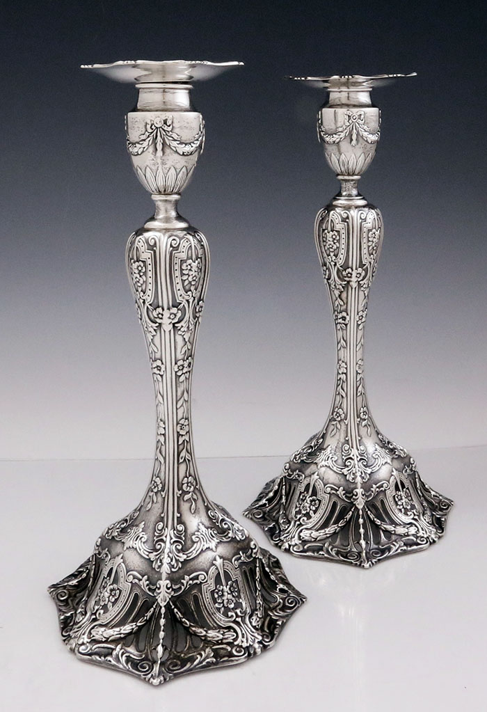 antique sterling GDW pair of candlesticks French Border pattern