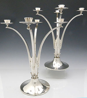 pair of modernist sterling silver English candelabra Hawksley