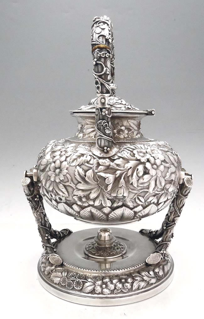 American silver repoousse sterling kettle on stand