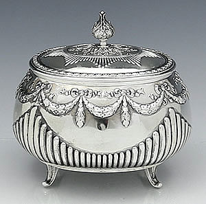 POlish antique silver sugar box with bows and swags