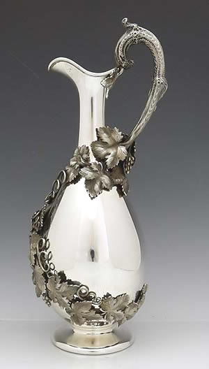 Howard New York sterling wine jug with applied leaves grapes and vines
