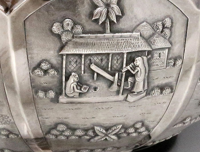 detail of Indian antique silver bowl hand chased