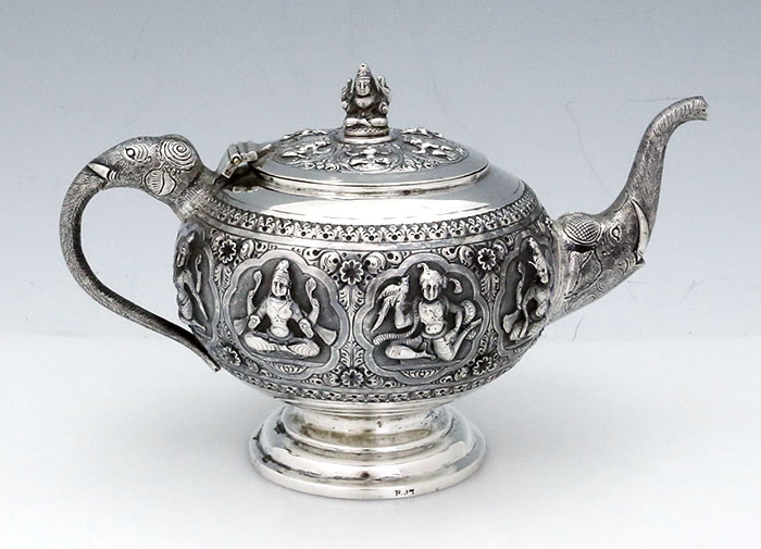 Madras Indian silver teapot elephant handles and spout 
